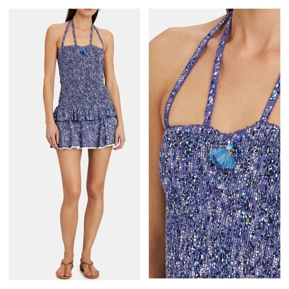 Poupette St. Barth Dresses & Skirts - POUPETTE ST. BARTH Navy Blue Floral Ruffled Halter Romper Mini Dress Small